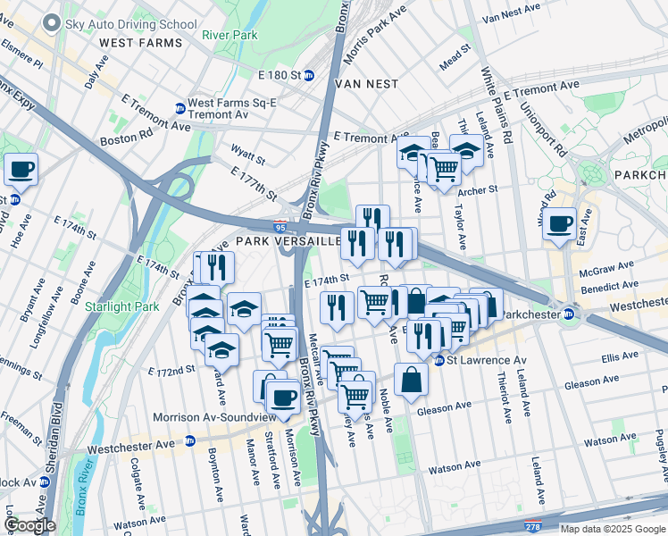 map of restaurants, bars, coffee shops, grocery stores, and more near 1693 East 174th Street in The Bronx