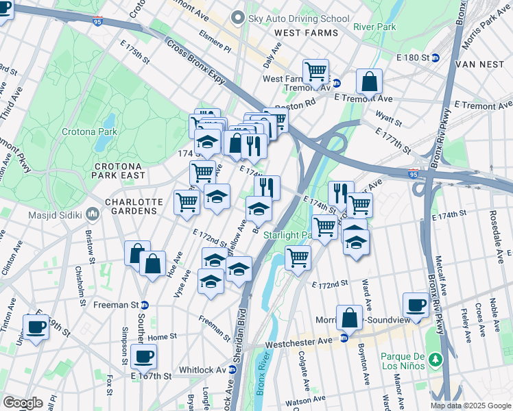 map of restaurants, bars, coffee shops, grocery stores, and more near in Bronx