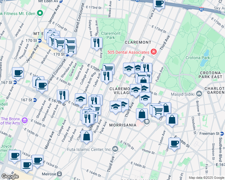map of restaurants, bars, coffee shops, grocery stores, and more near 1334 Webster Avenue in The Bronx