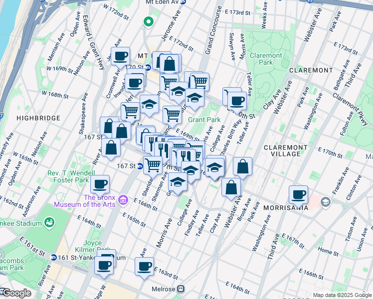 map of restaurants, bars, coffee shops, grocery stores, and more near 1268 Grant Avenue in The Bronx