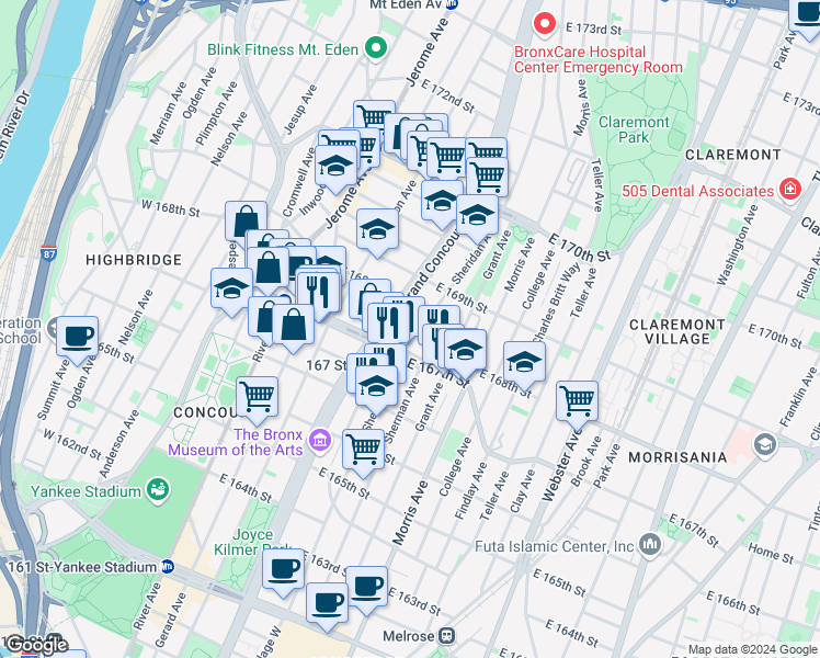 map of restaurants, bars, coffee shops, grocery stores, and more near 188 East 167th Street in The Bronx