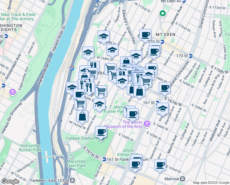 map of restaurants, bars, coffee shops, grocery stores, and more near 1115 Jerome Avenue in Bronx