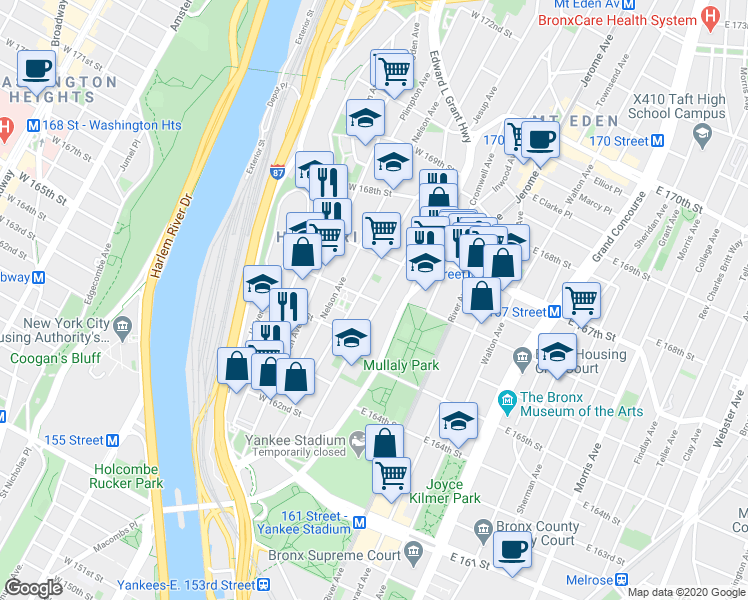 map of restaurants, bars, coffee shops, grocery stores, and more near in The Bronx