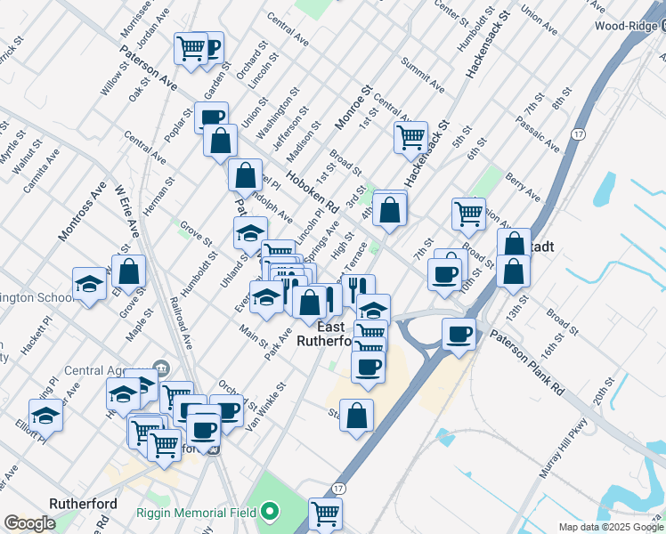 map of restaurants, bars, coffee shops, grocery stores, and more near 62 High Street in East Rutherford