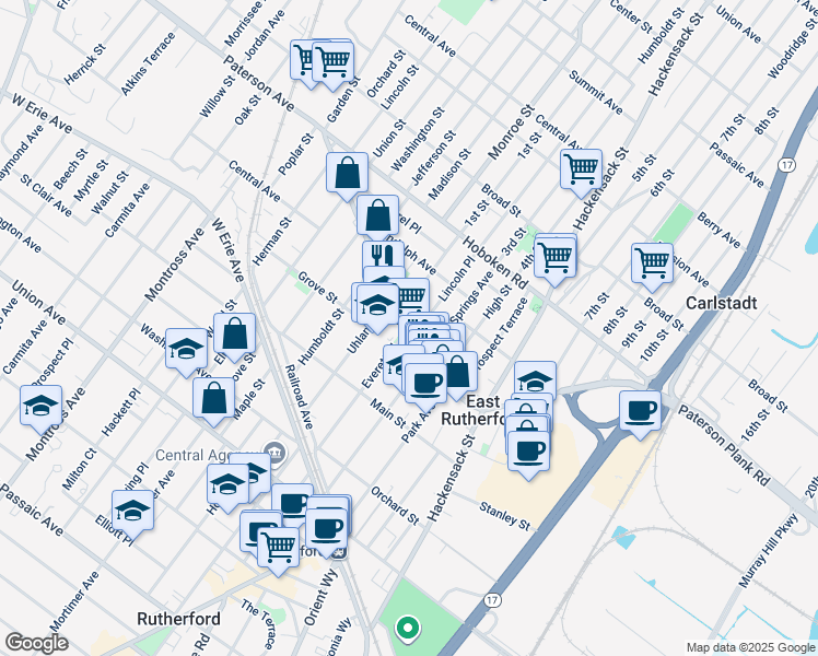 map of restaurants, bars, coffee shops, grocery stores, and more near 99 Everett Place in East Rutherford