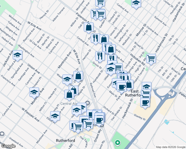 map of restaurants, bars, coffee shops, grocery stores, and more near 316 Main Street in East Rutherford