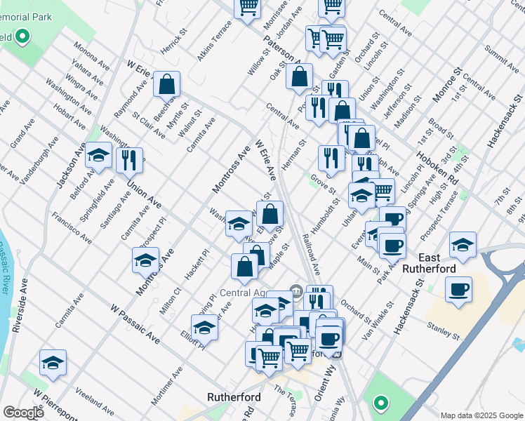 map of restaurants, bars, coffee shops, grocery stores, and more near 62 Wood Street in Rutherford