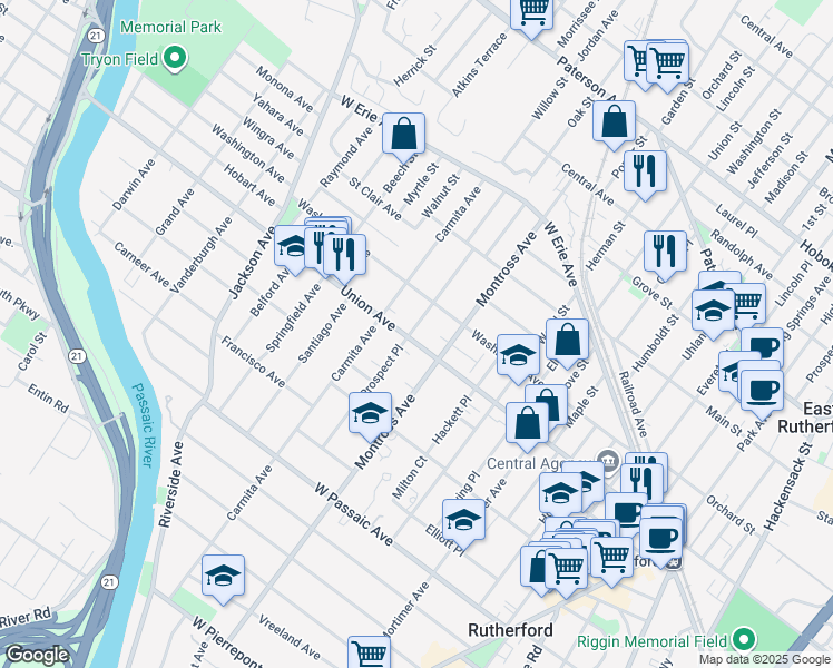 map of restaurants, bars, coffee shops, grocery stores, and more near 234 Union Avenue in Rutherford