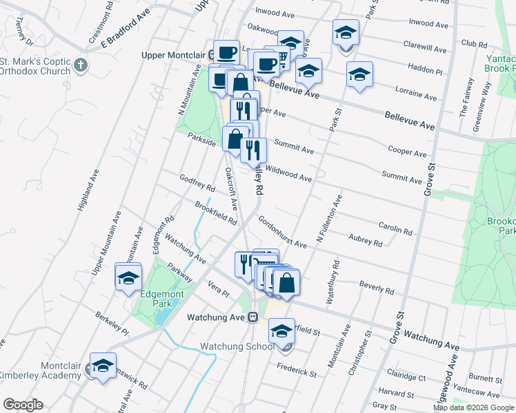 map of restaurants, bars, coffee shops, grocery stores, and more near 463 Valley Road in Montclair