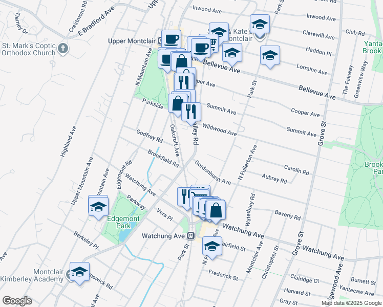 map of restaurants, bars, coffee shops, grocery stores, and more near 463 Valley Road in Montclair