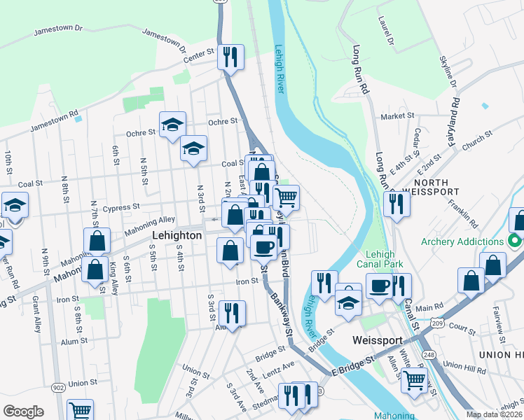 map of restaurants, bars, coffee shops, grocery stores, and more near 101 North 1st Street in Lehighton