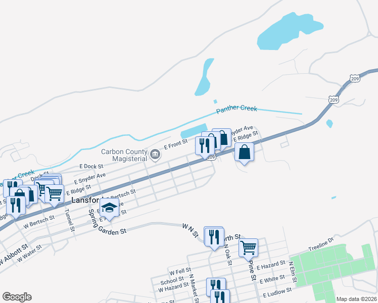 map of restaurants, bars, coffee shops, grocery stores, and more near 500-598 East Ridge Street in Lansford