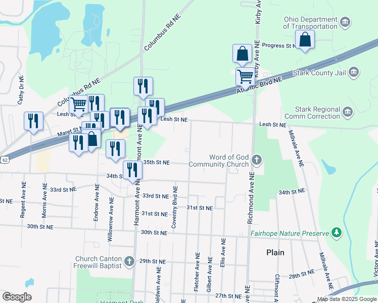 map of restaurants, bars, coffee shops, grocery stores, and more near 3705 35th Street Northeast in Canton