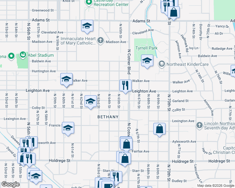 map of restaurants, bars, coffee shops, grocery stores, and more near 2212 North 65th Street in Lincoln