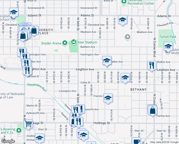 map of restaurants, bars, coffee shops, grocery stores, and more near 2201 North 58th Street in Lincoln
