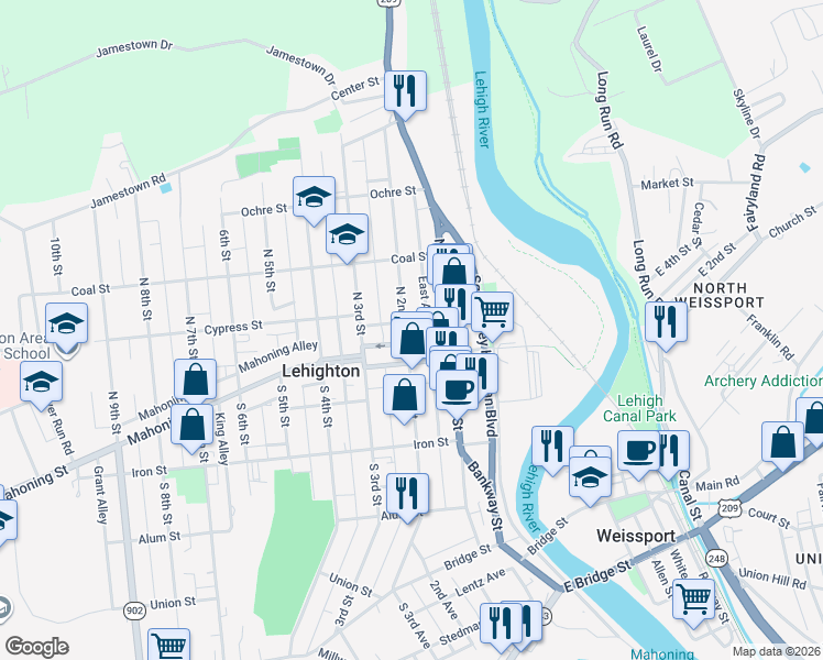 map of restaurants, bars, coffee shops, grocery stores, and more near 216 North Street in Lehighton