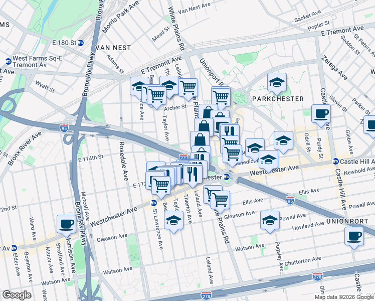map of restaurants, bars, coffee shops, grocery stores, and more near 1841 Cross Bronx Expressway in Bronx