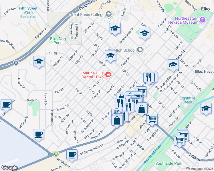 map of restaurants, bars, coffee shops, grocery stores, and more near 441 Oak Street in Elko