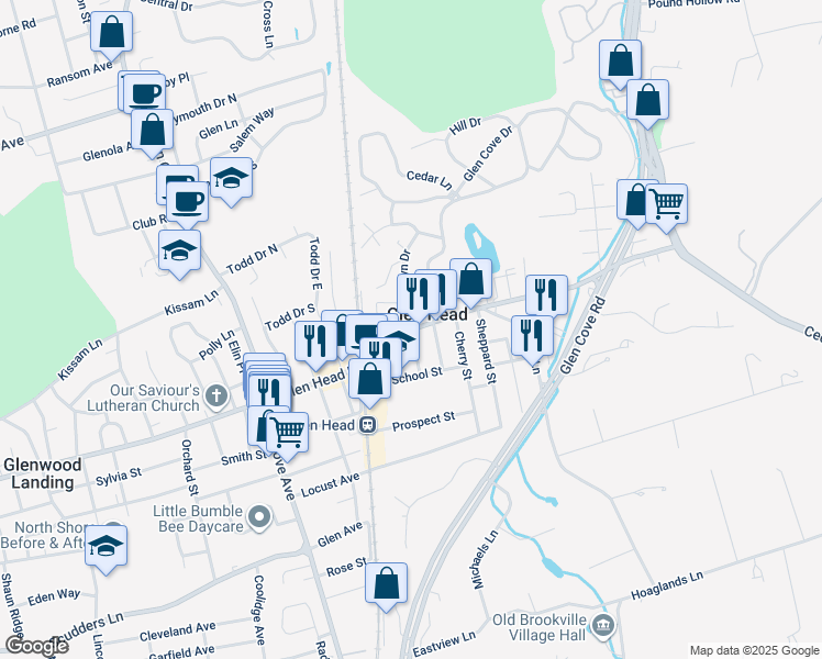 map of restaurants, bars, coffee shops, grocery stores, and more near 2 Roslyn Drive in Glen Head