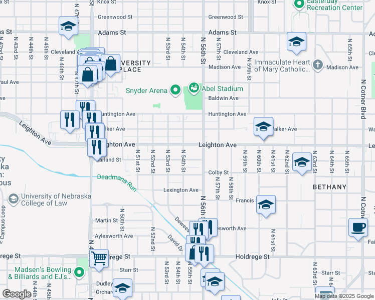map of restaurants, bars, coffee shops, grocery stores, and more near 2230 North 54th Street in Lincoln