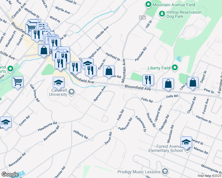 map of restaurants, bars, coffee shops, grocery stores, and more near 17 Fells Manor Road in Caldwell