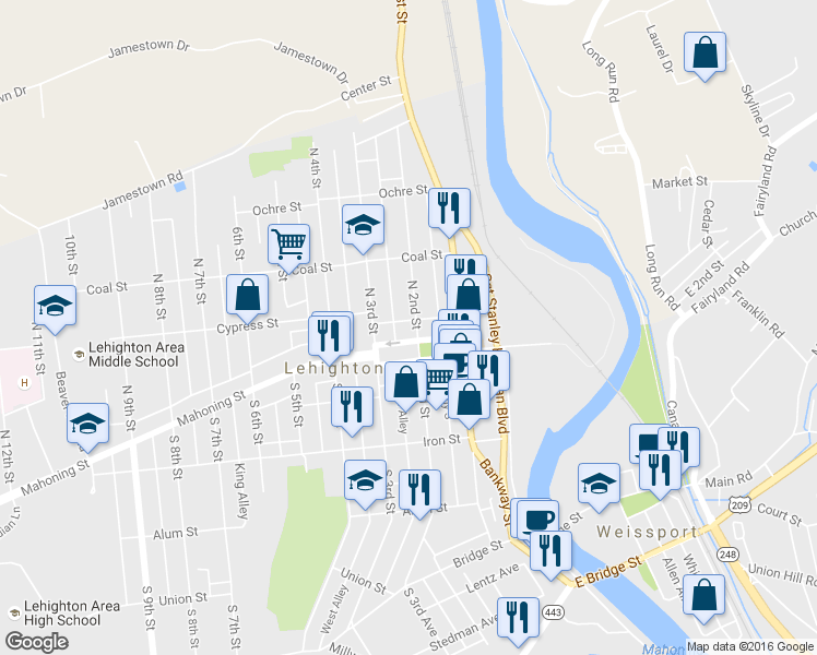 map of restaurants, bars, coffee shops, grocery stores, and more near 132 North 2nd Street in Lehighton