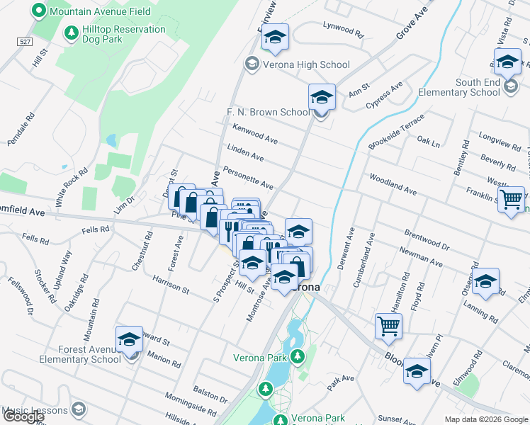 map of restaurants, bars, coffee shops, grocery stores, and more near 43 Grove Avenue in Verona
