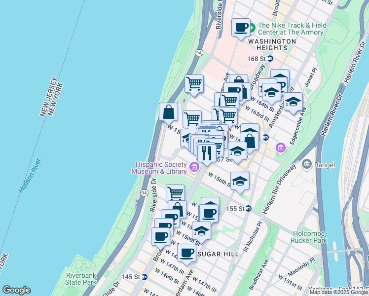 map of restaurants, bars, coffee shops, grocery stores, and more near 785 Riverside Drive in New York