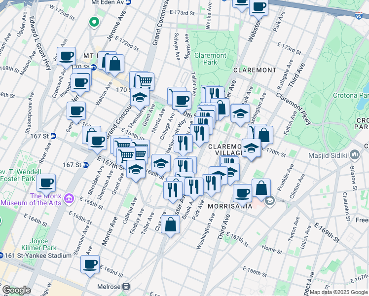map of restaurants, bars, coffee shops, grocery stores, and more near 1322 Teller Avenue in The Bronx
