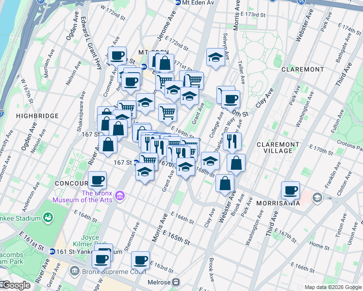 map of restaurants, bars, coffee shops, grocery stores, and more near 1268 Grant Avenue in The Bronx