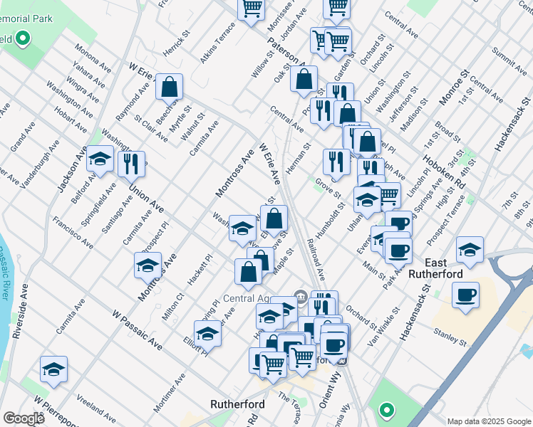 map of restaurants, bars, coffee shops, grocery stores, and more near 62 Wood Street in Rutherford
