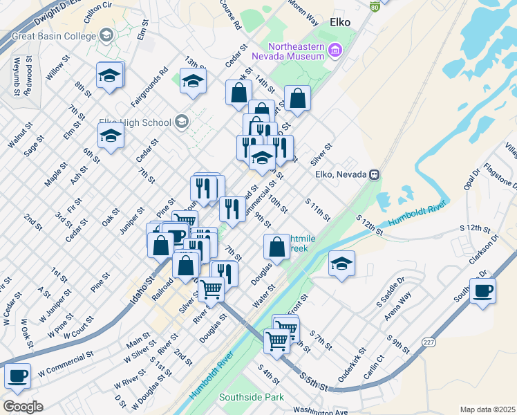 map of restaurants, bars, coffee shops, grocery stores, and more near 922 Commercial Street in Elko
