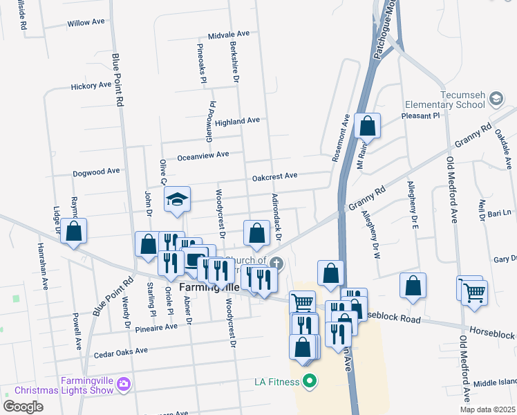 map of restaurants, bars, coffee shops, grocery stores, and more near 24 Pinelawn Avenue in Farmingville