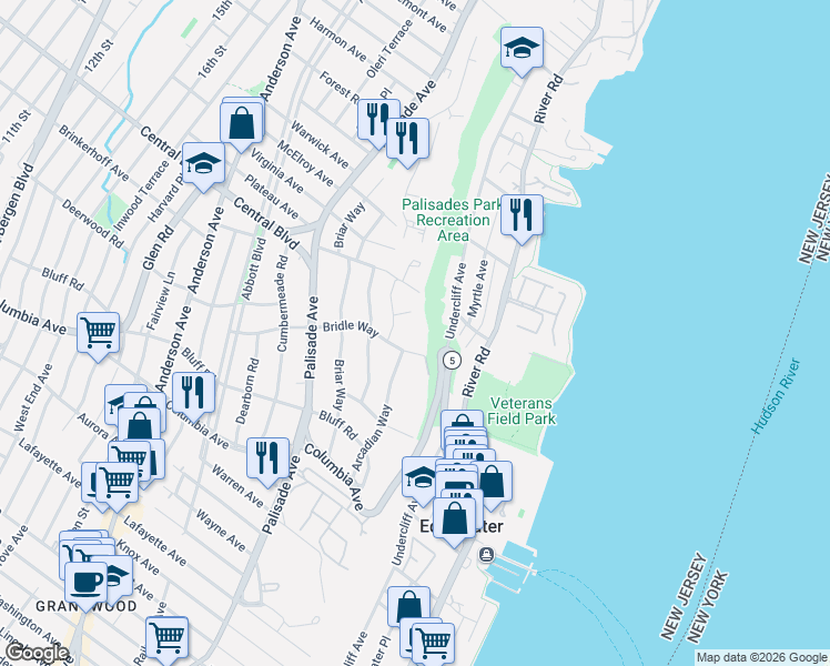 map of restaurants, bars, coffee shops, grocery stores, and more near 50 New Jersey 5 in Edgewater
