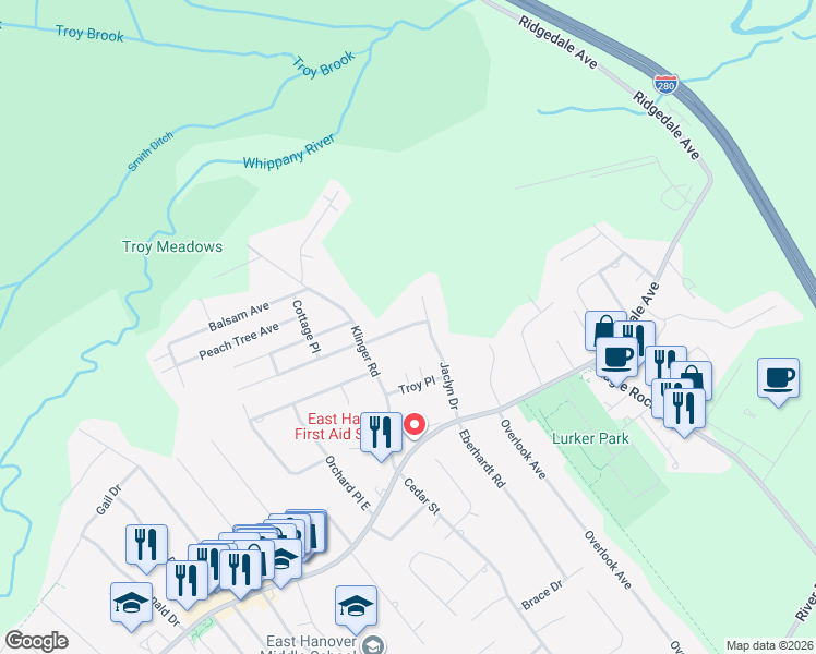 map of restaurants, bars, coffee shops, grocery stores, and more near 21 East Harvest Avenue in East Hanover