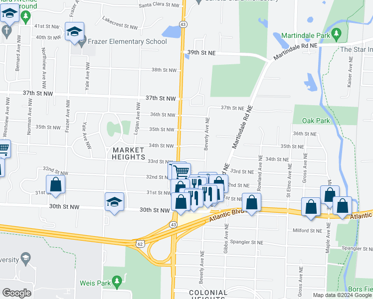 map of restaurants, bars, coffee shops, grocery stores, and more near 3324 Market Avenue North in Canton