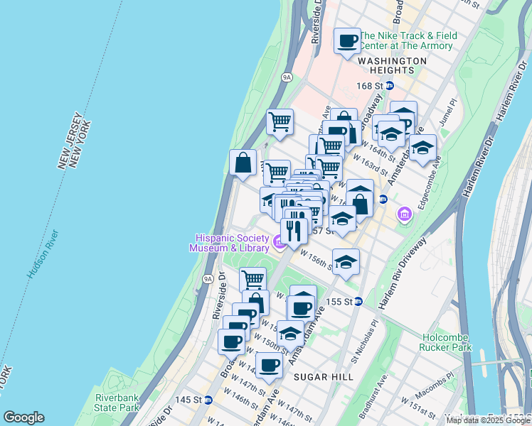 map of restaurants, bars, coffee shops, grocery stores, and more near 790 Riverside Drive West in New York