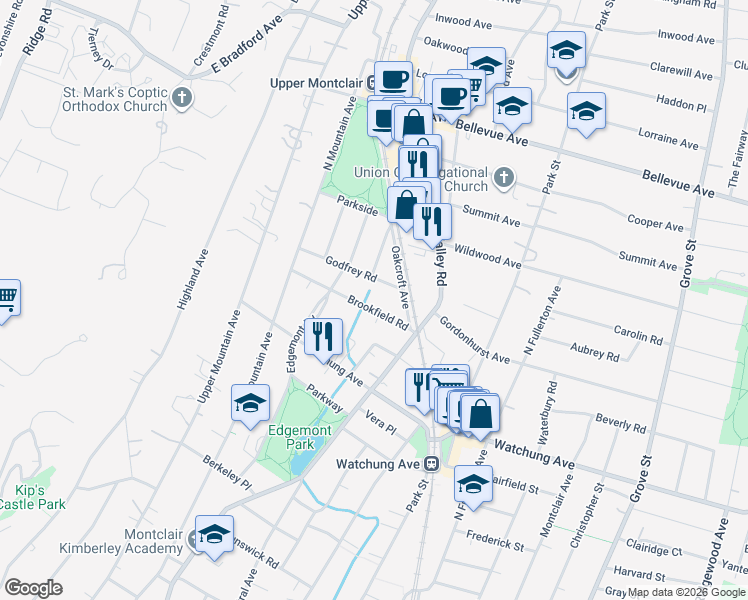map of restaurants, bars, coffee shops, grocery stores, and more near 32 Brookfield Road in Montclair