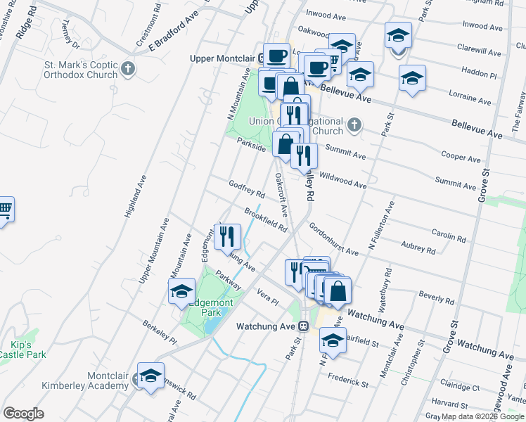 map of restaurants, bars, coffee shops, grocery stores, and more near 32 Brookfield Road in Montclair