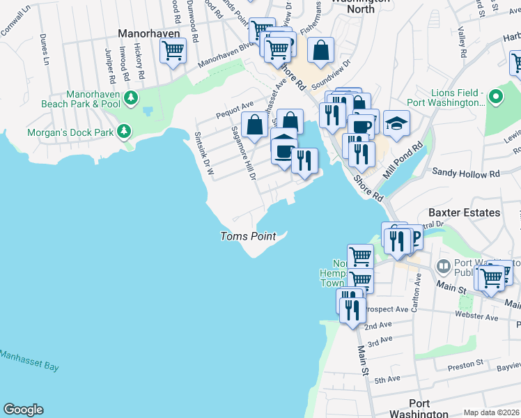 map of restaurants, bars, coffee shops, grocery stores, and more near 1 Toms Point Lane in Port Washington