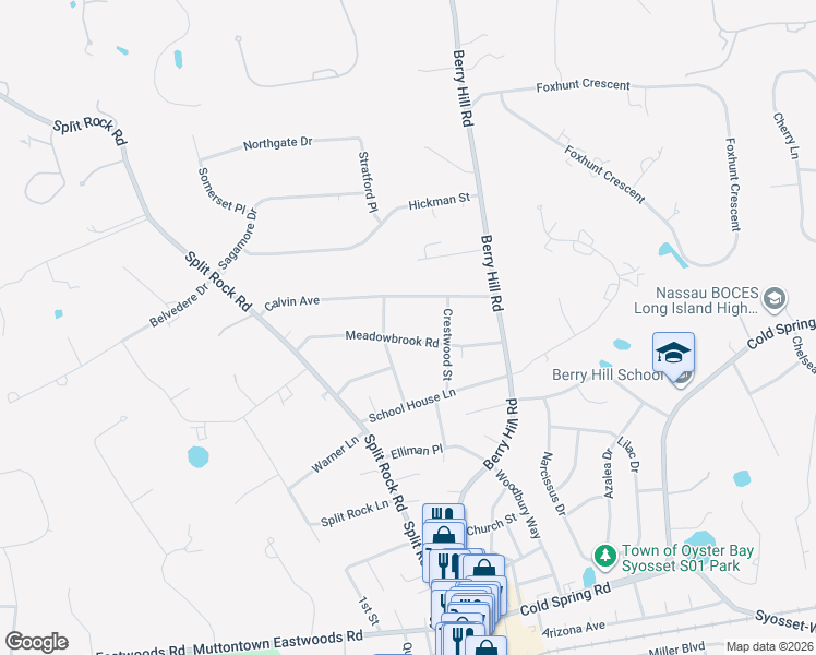 map of restaurants, bars, coffee shops, grocery stores, and more near 45 Meadowbrook Road in Syosset