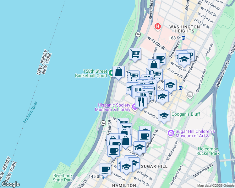 map of restaurants, bars, coffee shops, grocery stores, and more near 765 Riverside Drive in New York