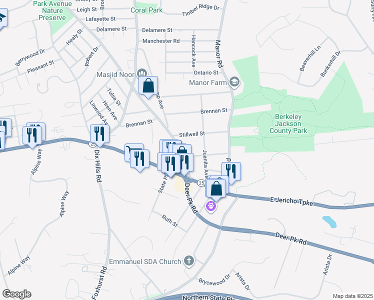map of restaurants, bars, coffee shops, grocery stores, and more near 3a Henry Street in Huntington