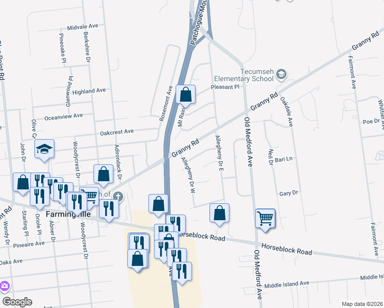 map of restaurants, bars, coffee shops, grocery stores, and more near 9 Mount Bear Court in Farmingville
