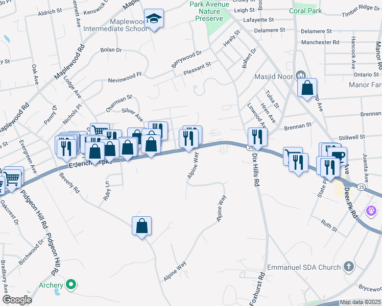 map of restaurants, bars, coffee shops, grocery stores, and more near 1 Alpine Way in Huntington Station