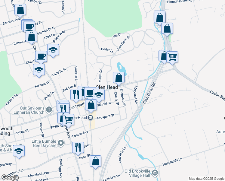 map of restaurants, bars, coffee shops, grocery stores, and more near 6 Wall Street in Glen Head