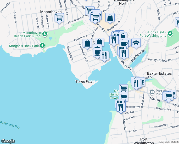 map of restaurants, bars, coffee shops, grocery stores, and more near 1 Toms Point Lane in Port Washington