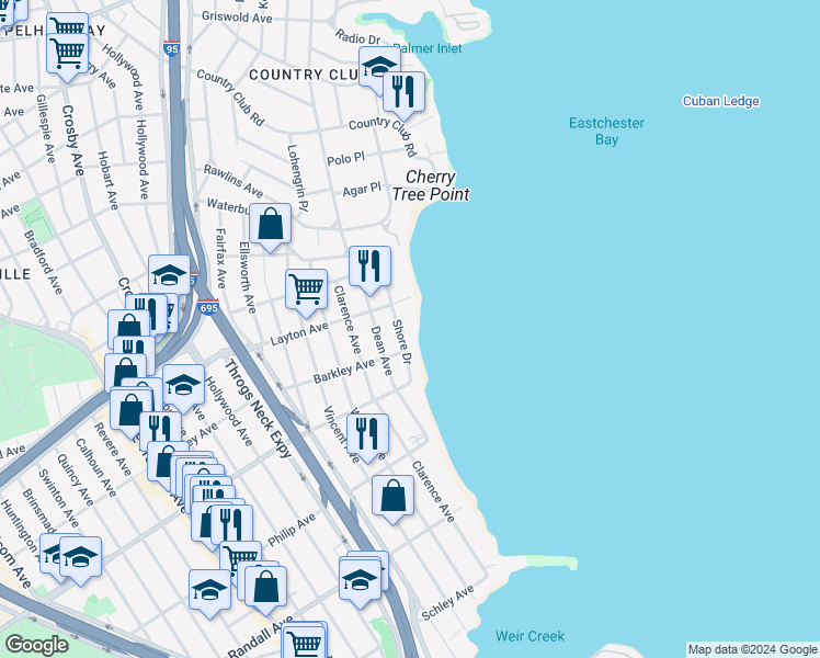 map of restaurants, bars, coffee shops, grocery stores, and more near 1444 Shore Drive in Bronx