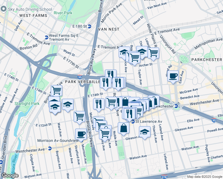 map of restaurants, bars, coffee shops, grocery stores, and more near in The Bronx