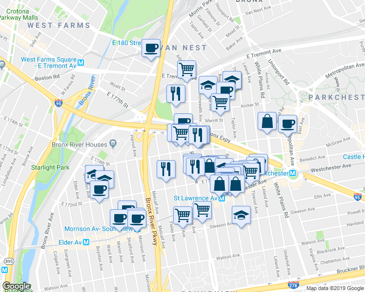 map of restaurants, bars, coffee shops, grocery stores, and more near 1726 East 174th Street in Bronx